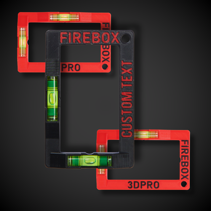Three red and black level tools with 'Firebox' branding on a dark background