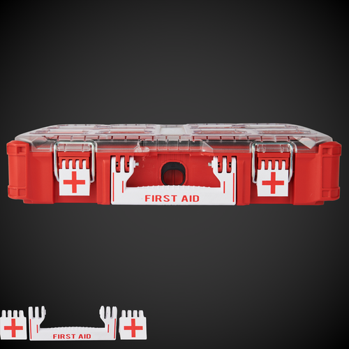 A red first aid kit with M/P Standard Full Width that has red text saying 'FIRST AID' and two white latches with a red cross symbol on them.