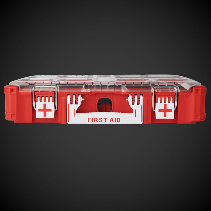 Red first aid kit with clear lid. Labelled using M/B Standard Full Width