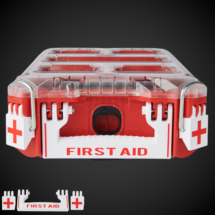 A set of white first aid latches with red text and a half width first aid container with a red and white design and the text 'FIRST AID' on it.