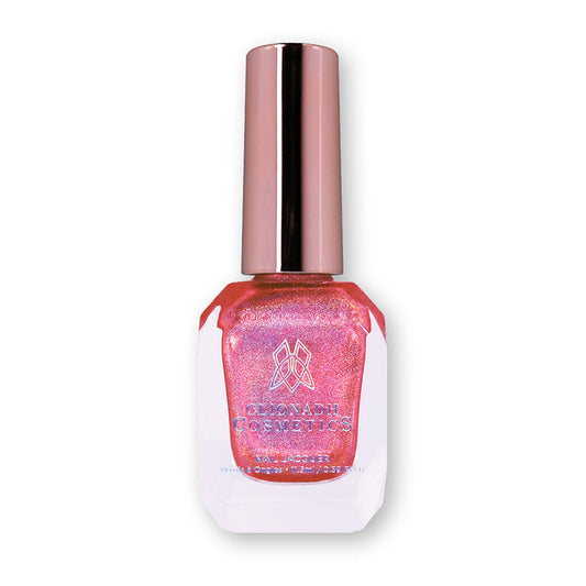 Bottle of nail polish containing Flamin' Hot Holo Nail Lacquer on a white background.