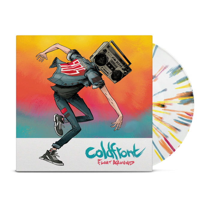 The limited edition Coldfront Float Around vinyl features a white disc with red, yellow, and blue splatter. Its album cover shows a figure with a boombox head dancing against an orange, pink, and teal gradient background.