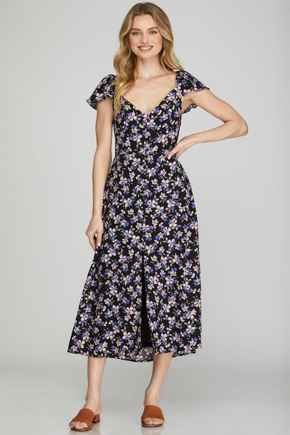 Flutter Sleeve Floral Midi Dress