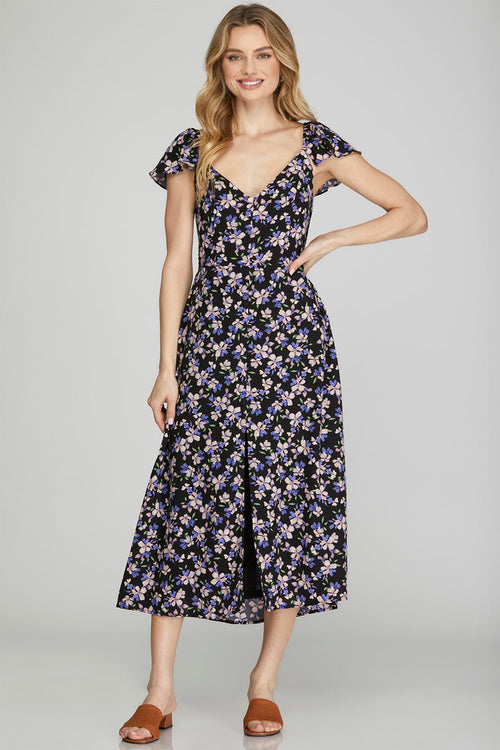 Flutter Sleeve Floral Midi Dress