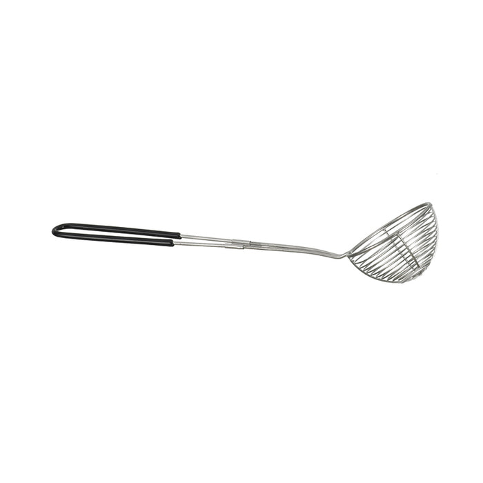 Das Unold Fondue-Körbchen für ASIA-FONDUE 48746 ist ein Edelstahl-Drahtschäumer mit langem Stiel und schwarzem Griff, ideal zum Herausheben von Speisen aus heißem Öl oder kochendem Wasser.