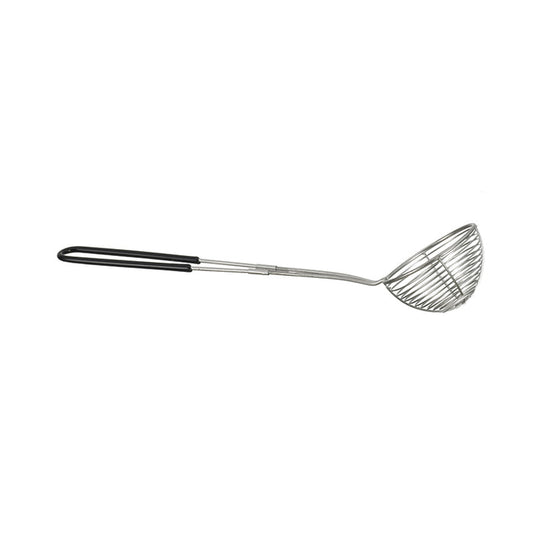 Das Unold Fondue-Körbchen für ASIA-FONDUE 48746 ist ein Edelstahl-Drahtschäumer mit langem Stiel und schwarzem Griff, ideal zum Herausheben von Speisen aus heißem Öl oder kochendem Wasser.