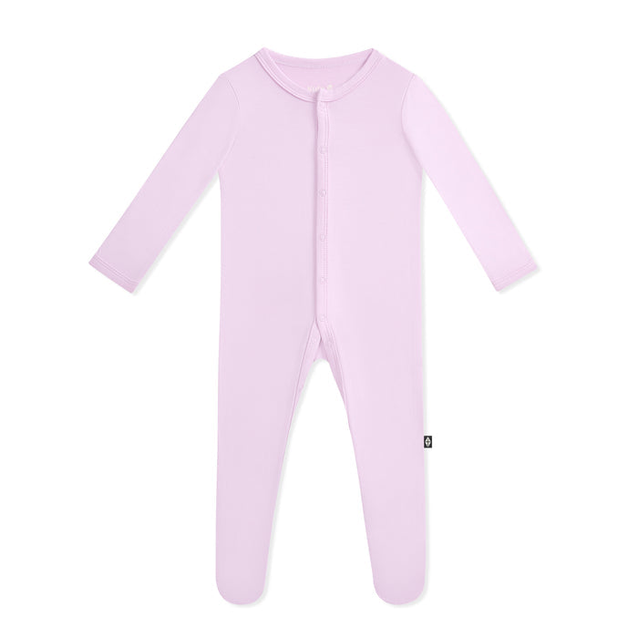 Purple baby footed onesie with snaps on a white background