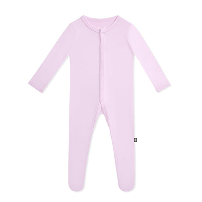 Purple baby footed onesie with snaps on a white background