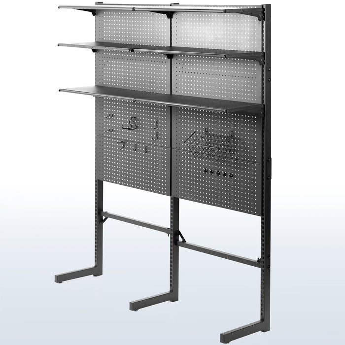 Large freestanding pegboard organizer with customizable setup for organization and space saving.