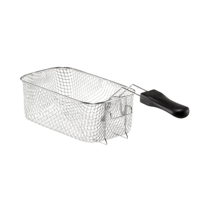 Der Unold Frittierkorb für FRITTEUSE Edelstahl 58746 ist ein rechteckiger Frittierkorb aus Edelstahldraht mit schwarzem Kunststoffgriff, ideal zum Frittieren. Der leere Korb ist isoliert auf weißem Hintergrund abgebildet.