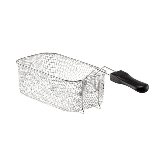 Der Unold Frittierkorb für FRITTEUSE Edelstahl 58746 ist ein rechteckiger Frittierkorb aus Edelstahldraht mit schwarzem Kunststoffgriff, ideal zum Frittieren. Der leere Korb ist isoliert auf weißem Hintergrund abgebildet.