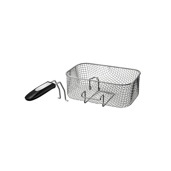 Der Unold Frittierkorb mit Griff für FRITTEUSE Kompakt 58615, ein rechteckiger Metalldrahtgeflechtkorb mit schwarzem Griff, ist vor weißem Hintergrund abgebildet.