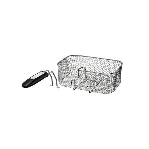 Der Unold Frittierkorb mit Griff für FRITTEUSE Kompakt 58615, ein rechteckiger Metalldrahtgeflechtkorb mit schwarzem Griff, ist vor weißem Hintergrund abgebildet.