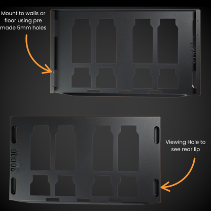 Full Width Shelf (Pack A Shelf)with pre-made holes for mounting, labeled with instructions on use.