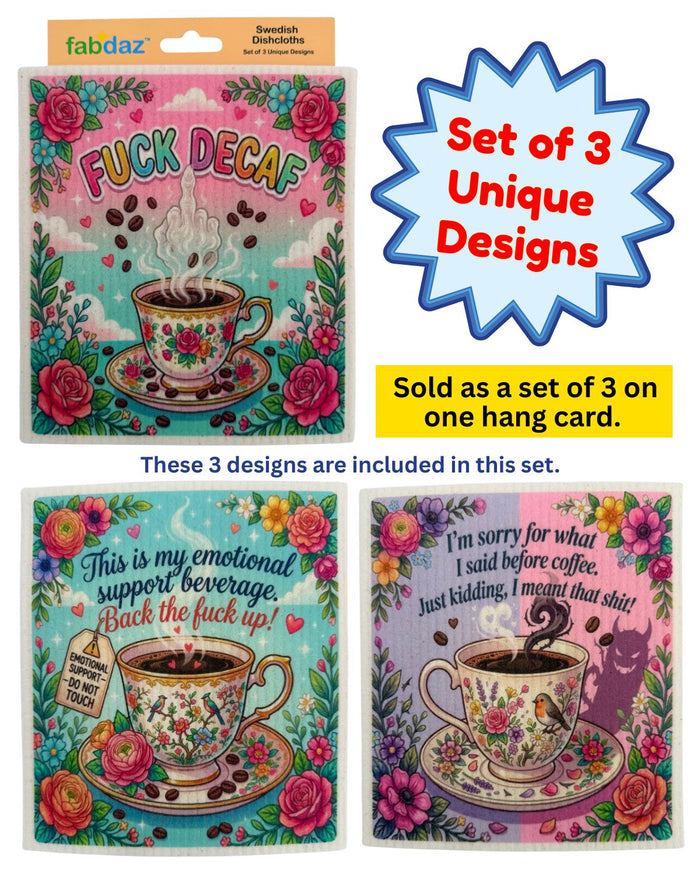 Funny Coffee Sayings - Set of 3 - Swedish Dishcloths - Wholesale