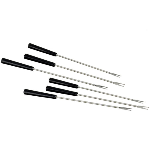 Sechs Unold Gabel-Set (6 Stück) für ASIA-FONDUE 48746 Metallgabeln mit schwarzen Griffen, jeweils mit zwei Zinken und einem langen Stiel, sind diagonal auf weißem Untergrund angeordnet.