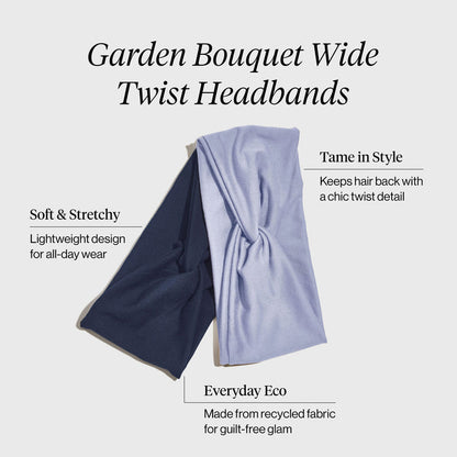 KITSCH Garden Bouquet Wide Twist Headbands 2pc Set — product infographic highlighting key features — elevated twist detail, soft recycled fabric, gentle on hair