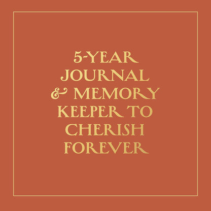 Red book cover with gold text '5-Year Journal & Memory Keeper to Cherish Forever'