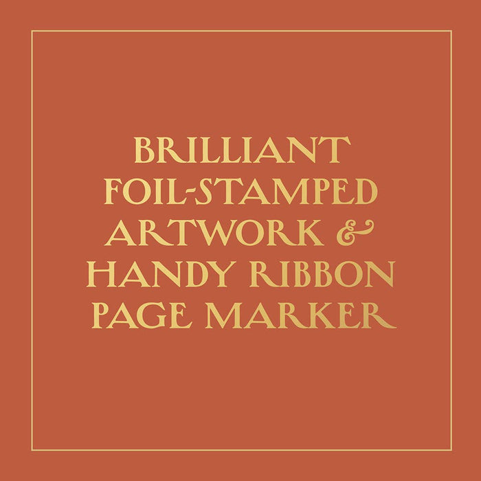 Text on a red background describing foil-stamped artwork and a ribbon page marker.