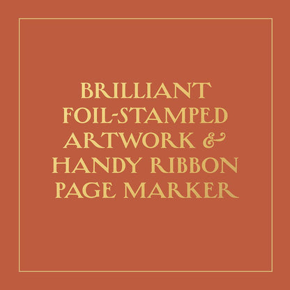 Text on a red background describing foil-stamped artwork and a ribbon page marker.
