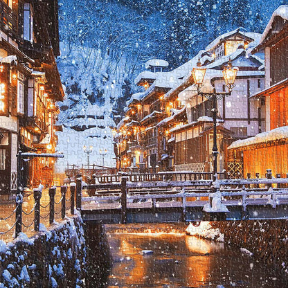 Winter in Ginzan Onsen: Steaming hot springs meet the silvery chill of snow — the perfect harmony of fire and ice.