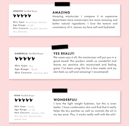 Good Mood Gel Moisturizer reviews showcasing three verified-buyer cards - each with five black heart ratings and bold headlines “Amazing,” “Yes Really!” and “Wonderful!” - on a pink background, highlighting hydration for sensitive and combo skin; ColourPop Face Moisturizer.