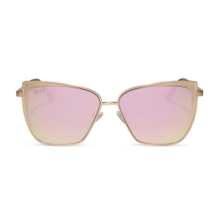 diff eyewear grace cat eye sunglasses with a brushed gold metal frame and cherry blossom pink mirror lenses front view