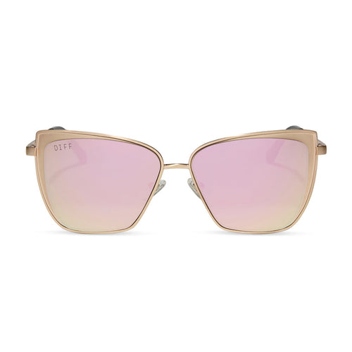 diff eyewear grace cat eye sunglasses with a brushed gold metal frame and cherry blossom pink mirror lenses front view