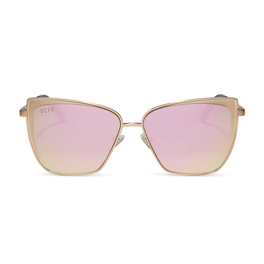 diff eyewear grace cat eye sunglasses with a brushed gold metal frame and cherry blossom pink mirror lenses front view