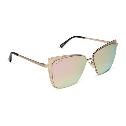 diff eyewear grace cat eye sunglasses with a brushed gold metal frame and cherry blossom pink mirror lenses angled view