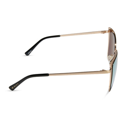 diff eyewear grace cat eye sunglasses with a brushed gold metal frame and cherry blossom pink mirror lenses side view