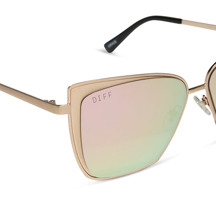 diff eyewear grace cat eye sunglasses with a brushed gold metal frame and cherry blossom pink mirror lenses detailed view