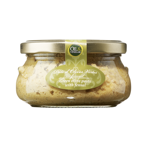 A glass jar containing green olive paste with fennel, labeled 'OILS & VINEGAR Green olive paste with fennel'.