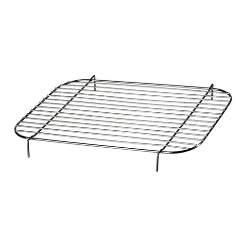 Der Unold Grillrost für BARBECUE-GRILL Black Rack 58550 ist ein quadratischer Metallrost mit dünnen, parallelen Stäben und vier kurzen Beinen mit abgerundeten Ecken – ideal zum Abkühlen von Backwaren oder zum Aufbewahren heißer Speisen.