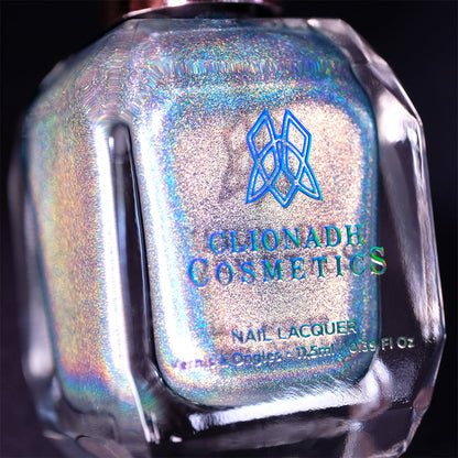 Close-up, angled shot of H₂Olo Nail Lacquer bottle on a black background.