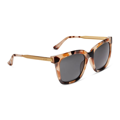 diff eyewear hailey square sunglasses with a cream tortoise frame and solid grey lenses angled view