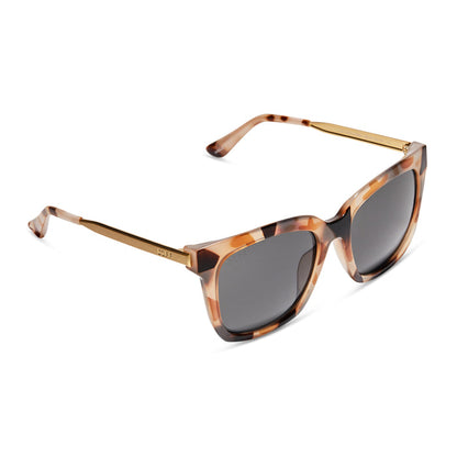 diff eyewear hailey square sunglasses with a cream tortoise frame and solid grey lenses detailed view