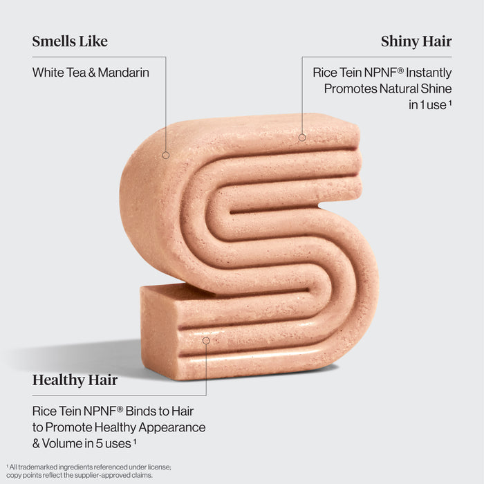Kitsch Rice Water Shampoo Bar benefits diagram showing white tea and mandarin scent, Rice Tein NPNF for instant shine, and healthy hair volume - bio-based solid shampoo bar clinically proven to increase hair volume by 20% after 5 washes. For thin, fine, and damaged hair. Cruelty-free, made in USA, 100 washes, 3.2 oz / 91g.