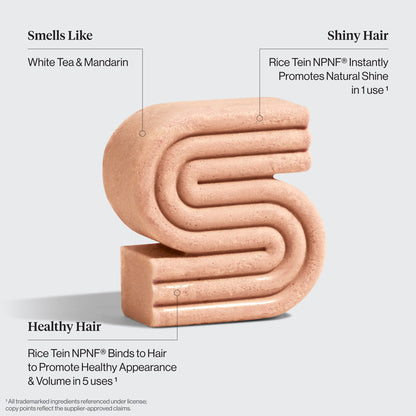 Kitsch Rice Water Shampoo Bar benefits diagram showing white tea and mandarin scent, Rice Tein NPNF for instant shine, and healthy hair volume - bio-based solid shampoo bar clinically proven to increase hair volume by 20% after 5 washes. For thin, fine, and damaged hair. Cruelty-free, made in USA, 100 washes, 3.2 oz / 91g.