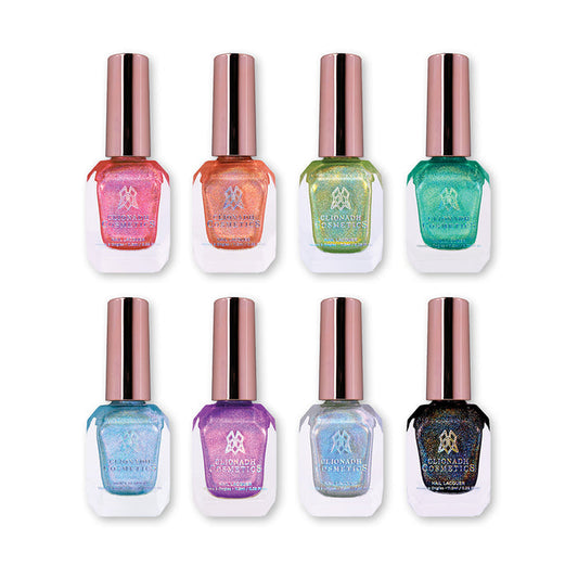 Eight bottles of Clionadh Cosmetics nail polish containing Halation Holo's Nail Lacquers on a white background.