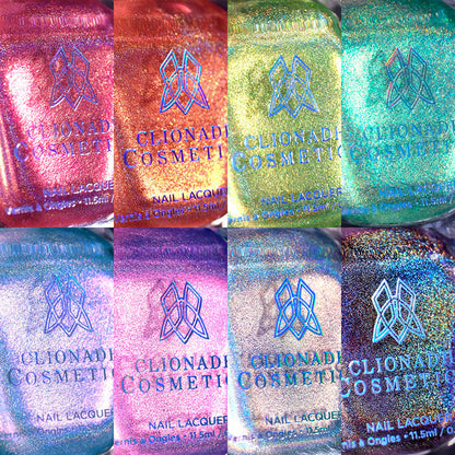 Collage of close-ups of all six Nail Lacquer bottles in the Halation Holo's   Nail Lacquer Bundle.