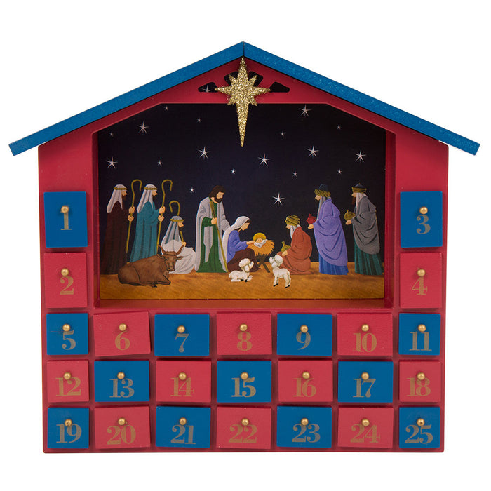 Handcrafted Wooden House Nativity Countdown Calendar With Drawer