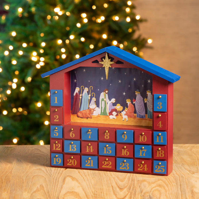 Handcrafted Wooden House Nativity Countdown Calendar With Drawer