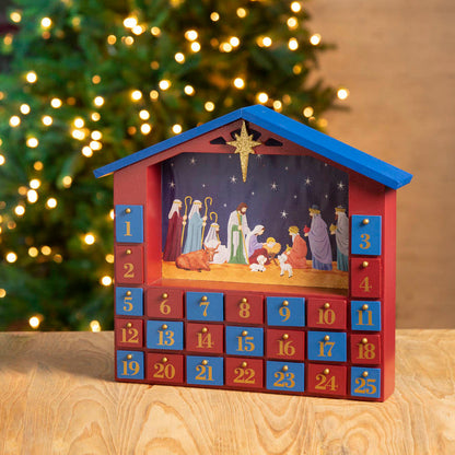 Handcrafted Wooden House Nativity Countdown Calendar With Drawer