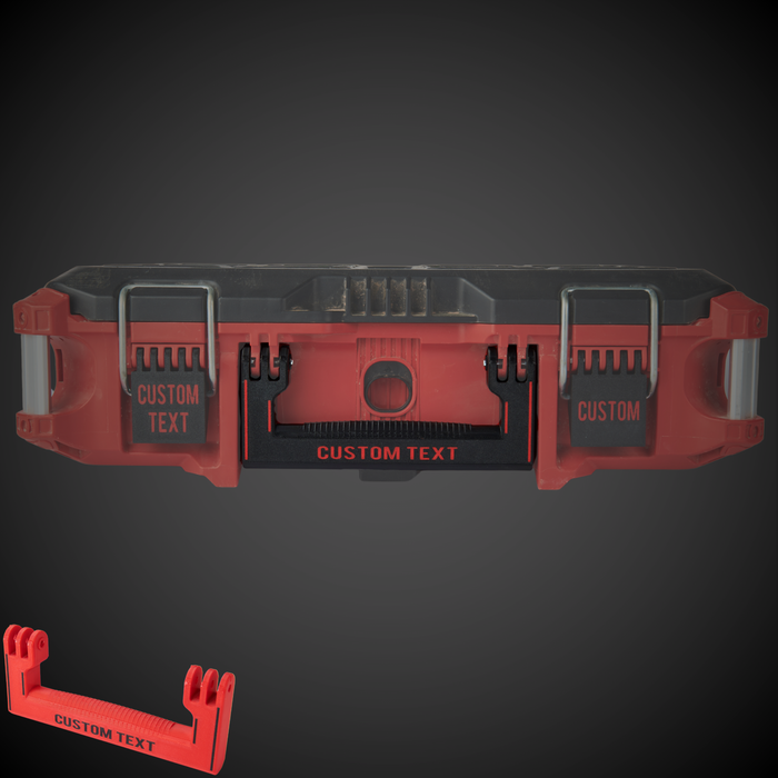 Customizable extra wide handle for Milwaukee tool boxes, displayed in red with options for personal text entry.