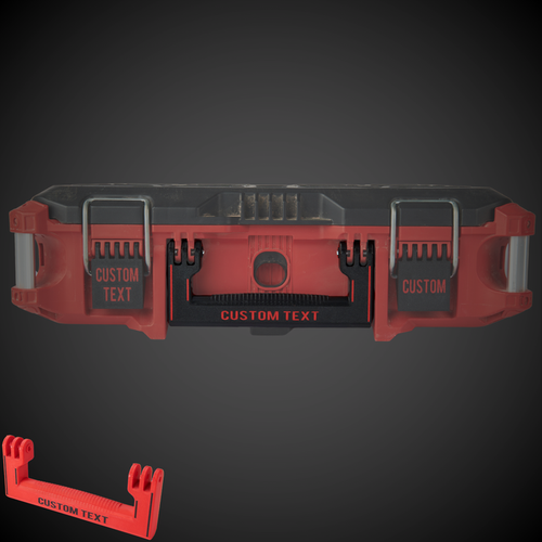 Customizable extra wide handle for Milwaukee tool boxes, displayed in red with options for personal text entry.
