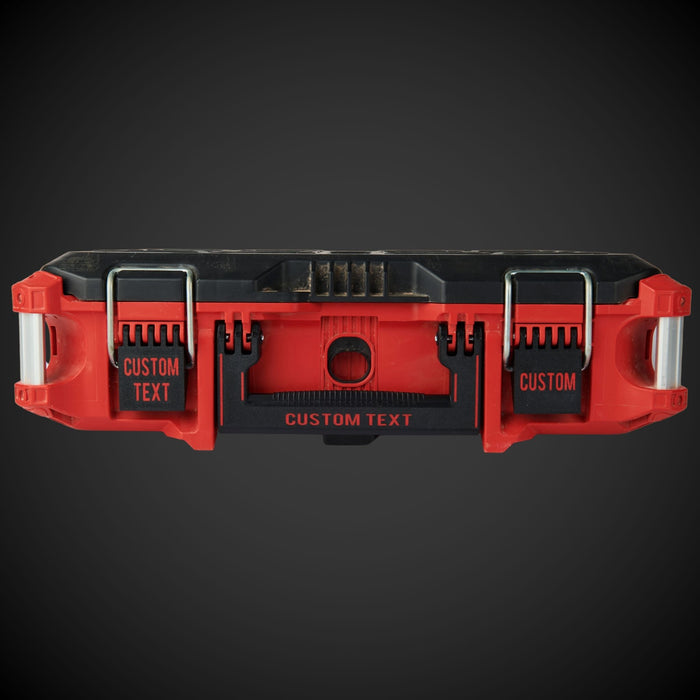 Red and black tool case with custom text on a dark background