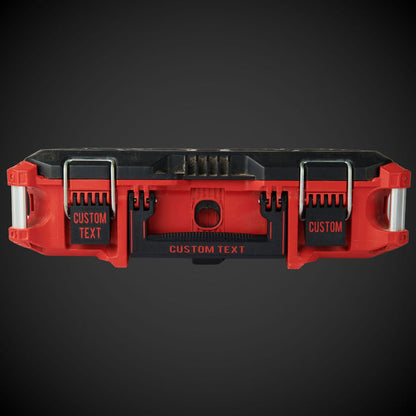 Red and black tool case with custom text on a dark background