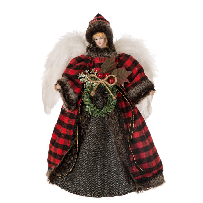Handmade Plaid Angel Christmas Treetop Ornament Decoration 12" H - Red & Black