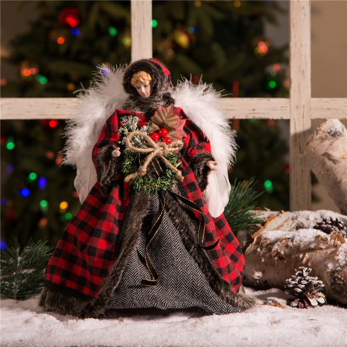 Handmade Plaid Angel Christmas Treetop Ornament Decoration 12" H - Red & Black